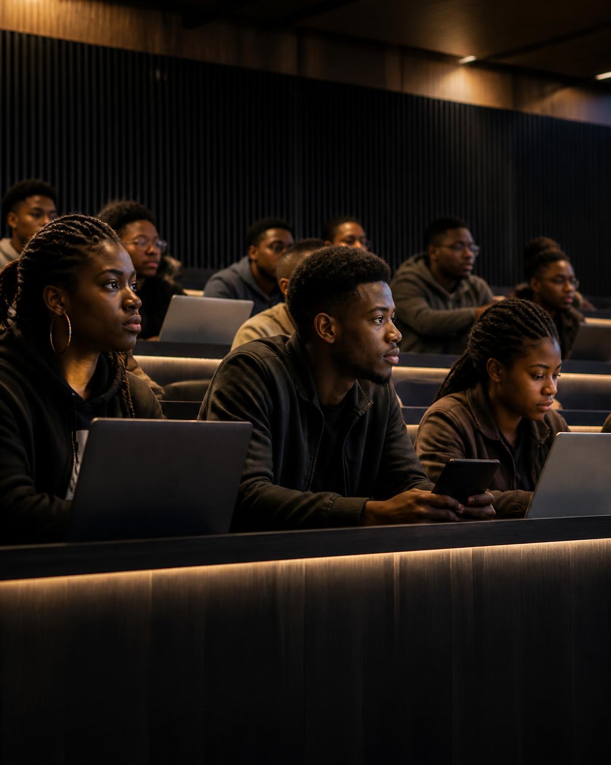 University students working on laptops in a modern lecture space