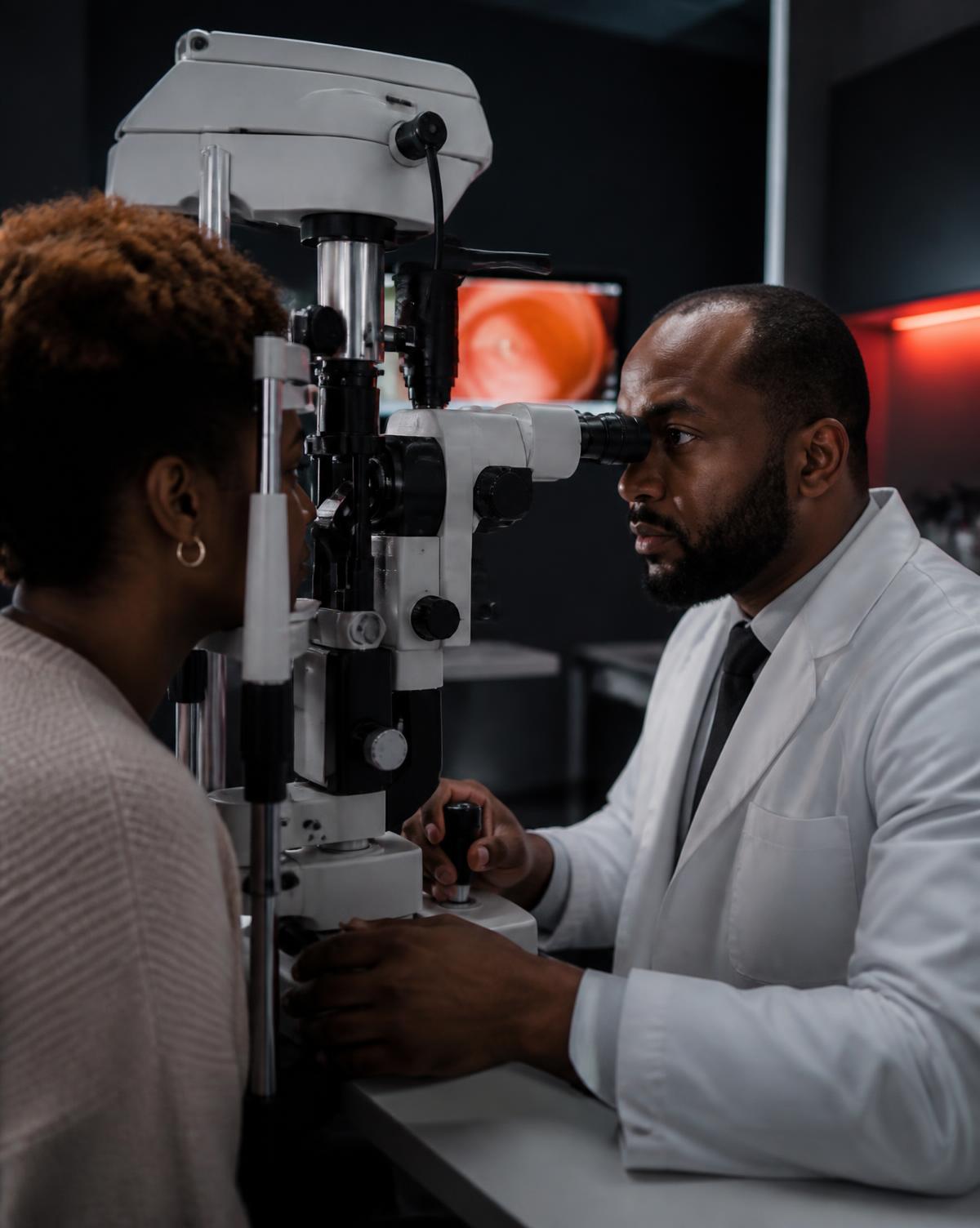 Ophthalmologist examining a patient with digital diagnostic equipment